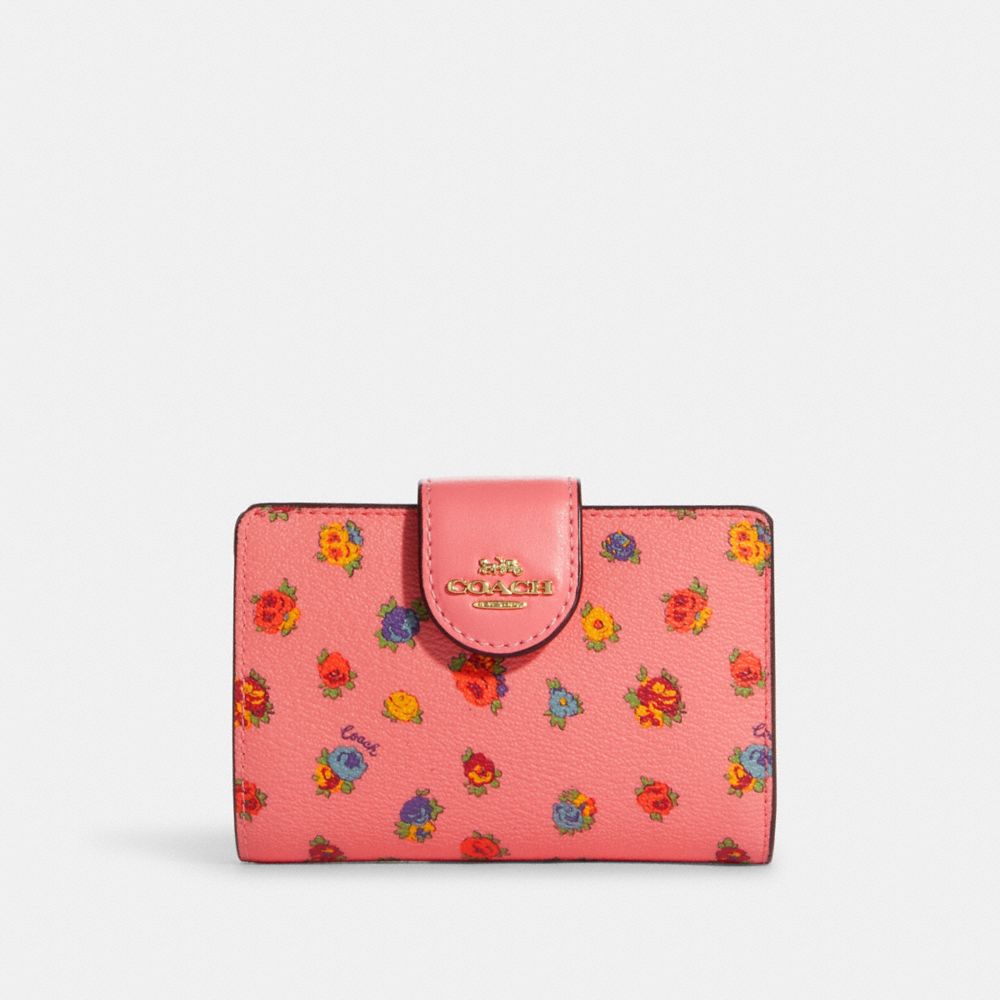 COACH C9934 Medium Corner Zip Wallet With Mini Vintage Rose Print GOLD/PINK LEMONADE MULTI