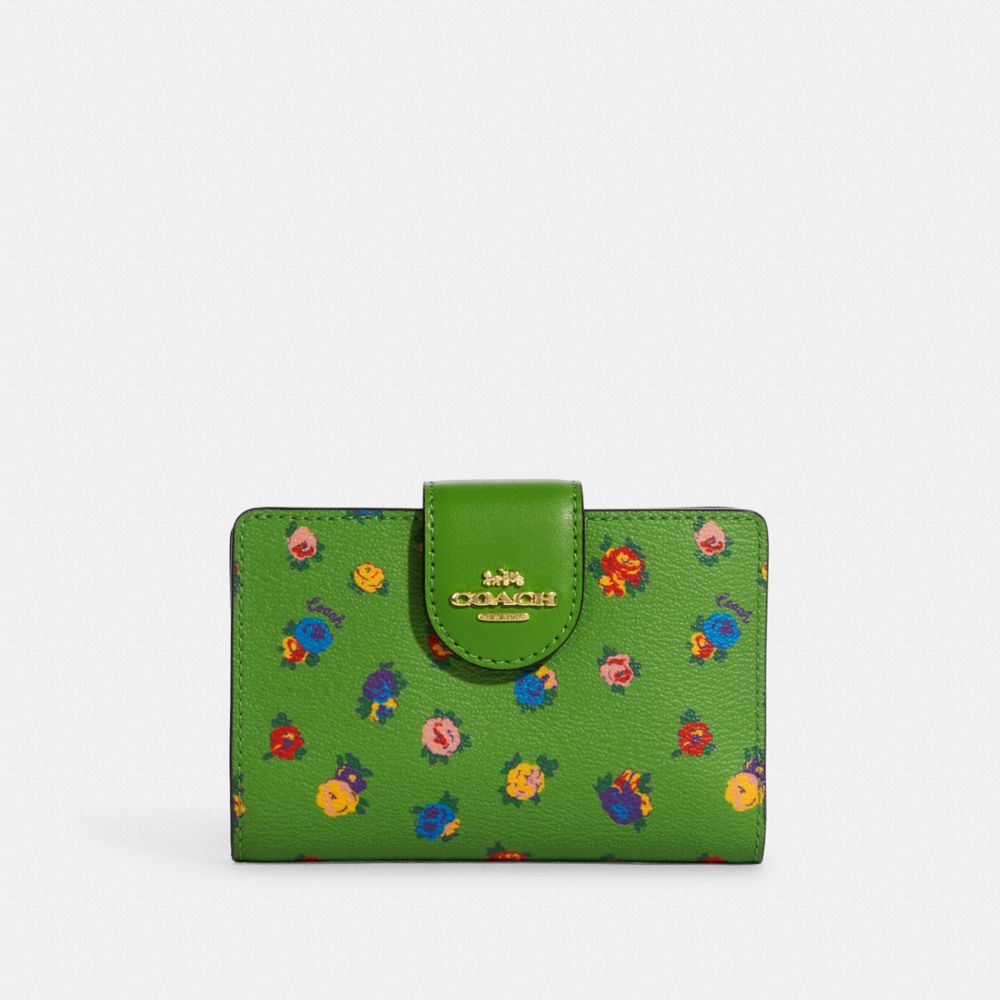 COACH Medium Corner Zip Wallet With Mini Vintage Rose Print - IM/NEON GREEN MULTI - C9934