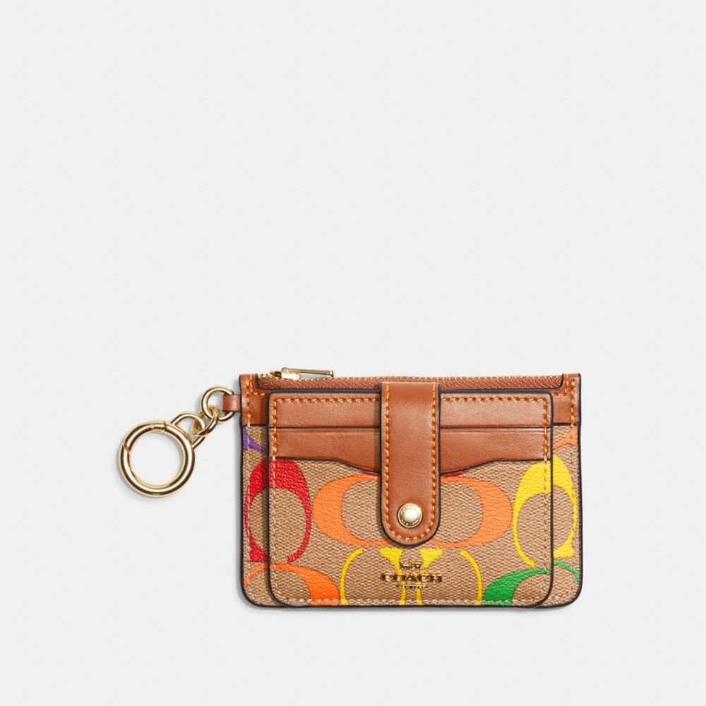 COACH C9942 Attachment Card Case In Rainbow Signature Canvas GOLD/KHAKI MULTI