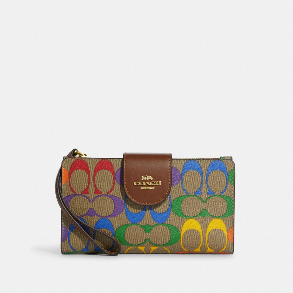 COACH C9944 Tech Wallet In Rainbow Signature Canvas GOLD/KHAKI MULTI