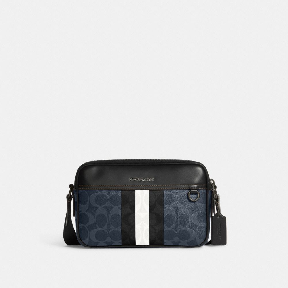 Graham Crossbody In Blocked Signature Canvas With Varsity Stripe - C9965 - Gunmetal/Denim Multi