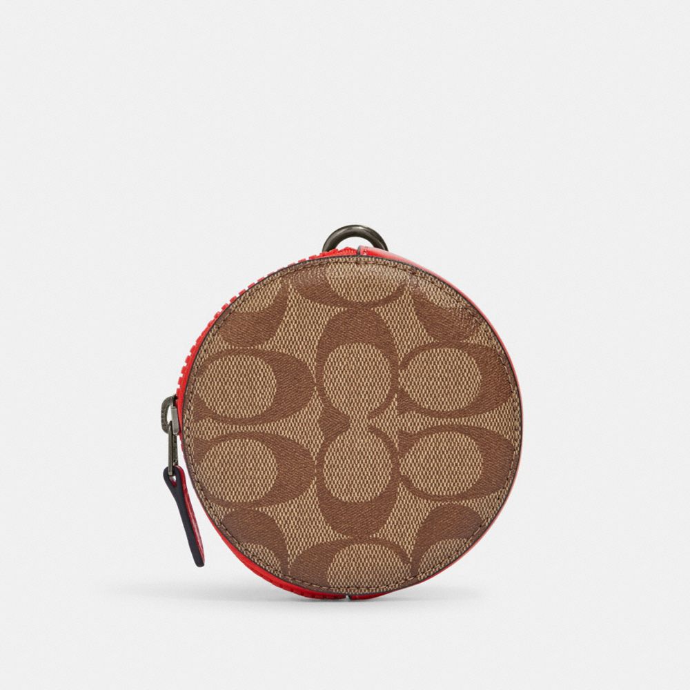 COACH C9979 - Round Coin Case In Colorblock Signature Canvas GUNMETAL/KHAKI/MIAMI RED