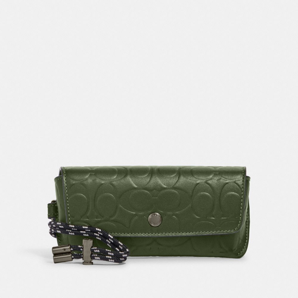 COACH C9989 Sunglass Case In Signature Leather GUNMETAL/DARK SHAMROCK