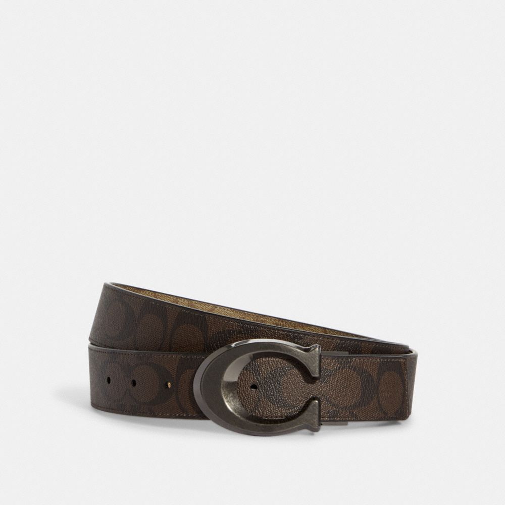 Sculpted Signature Buckle Cut To Size Reversible Belt, 38 Mm - CA003 - GUNMETAL/MAHOGANY/KHAKI