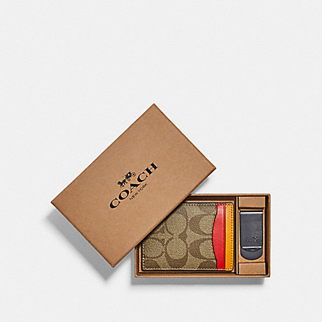 COACH CA004 Boxed 3 In 1 Card Case Gift Set In Colorblock Signature Canvas GUNMETAL/KHAKI-MULTI