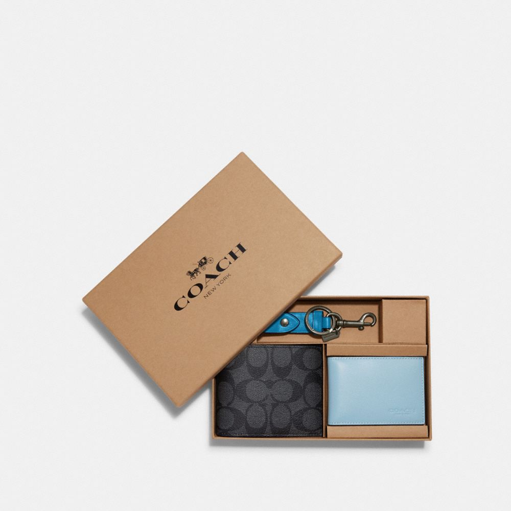 COACH CA005 Boxed 3 In 1 Wallet Gift Set In Colorblock Signature Canvas Gunmetal/Charcoal/Bright Blue Multi