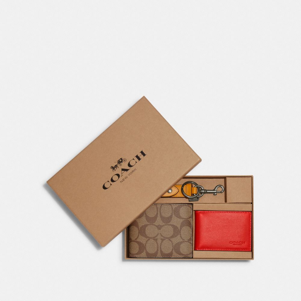 Boxed 3 In 1 Wallet Gift Set In Colorblock Signature Canvas - CA005 - GUNMETAL/KHAKI/MIAMI RED MULTI