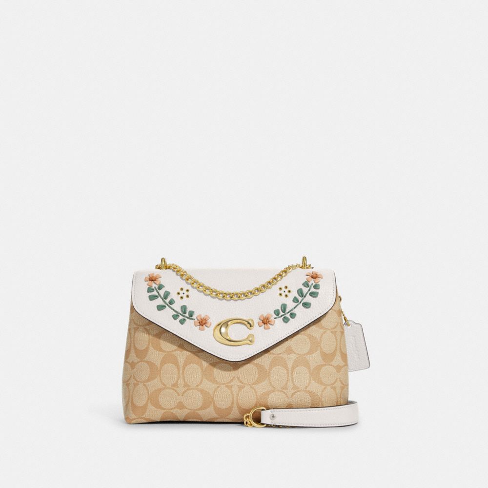 Tammie Shoulder Bag In Signature Canvas With Floral Whipstitch - GOLD/LIGHT KHAKI CHALK MULTI - COACH CA016