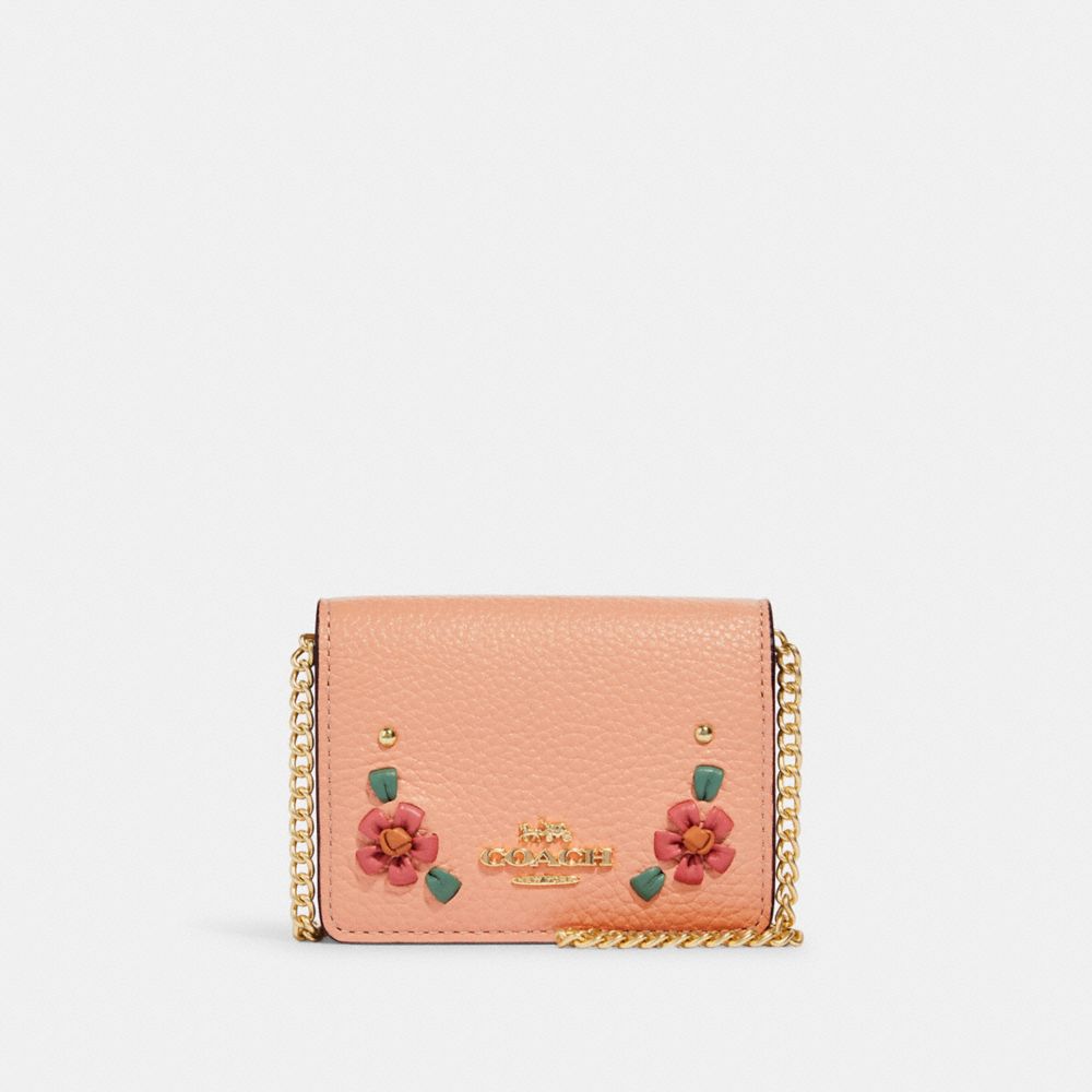 COACH Mini Wallet On A Chain With Floral Whipstitch - GOLD/FADED BLUSH MULTI - CA024