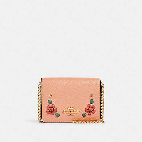 COACH CA024 Mini Wallet On A Chain With Floral Whipstitch GOLD/FADED BLUSH MULTI