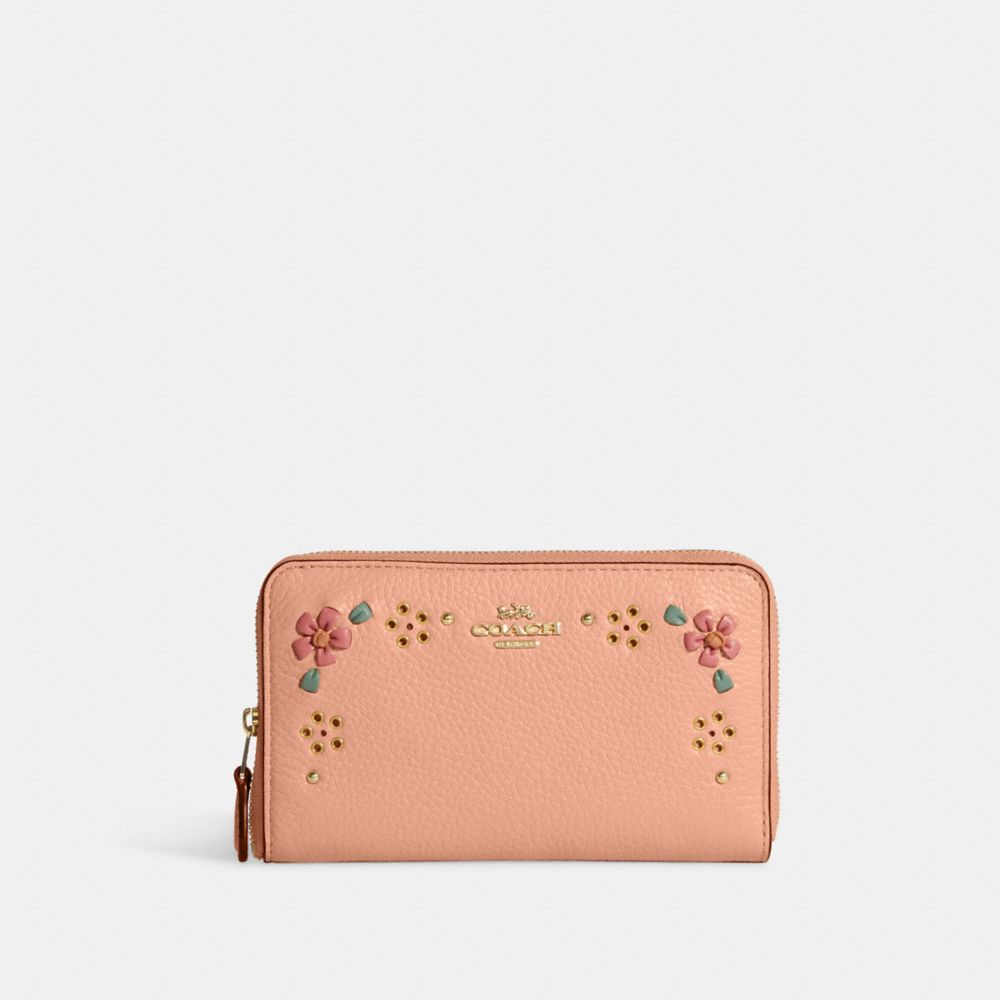 COACH Medium Id Zip Wallet With Floral Whipstitch - GOLD/FADED BLUSH MULTI - CA025