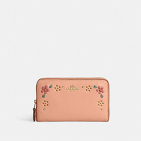 COACH CA025 Medium Id Zip Wallet With Floral Whipstitch GOLD/FADED-BLUSH-MULTI