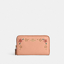 COACH CA025 Medium Id Zip Wallet With Floral Whipstitch GOLD/FADED BLUSH MULTI
