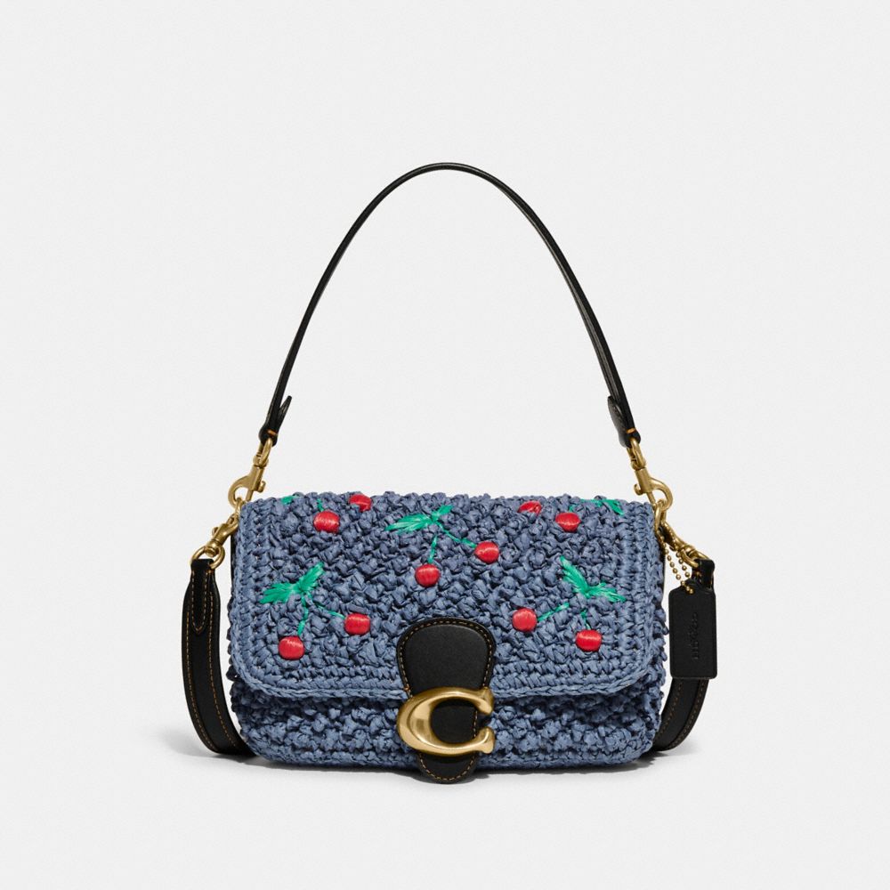 Soft Tabby Shoulder Bag With Cherry Embroidery - CA033 - Brass/Washed Chambray Black