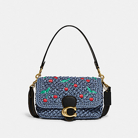 COACH CA033 Soft Tabby Shoulder Bag With Cherry Embroidery Brass/Washed Chambray Black