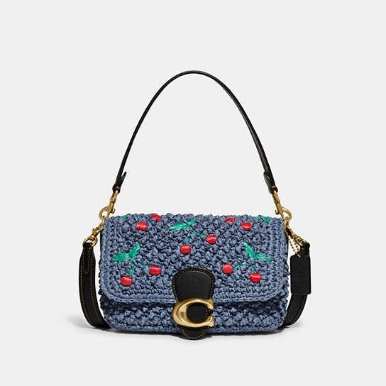 CA033 - Soft Tabby Shoulder Bag With Cherry Embroidery Brass/Washed Chambray Black