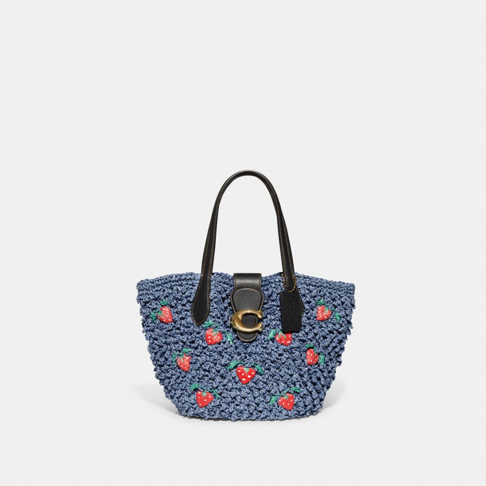 COACH CA035 Small Tote With Strawberry Embroidery B4/Washed Chambray Black