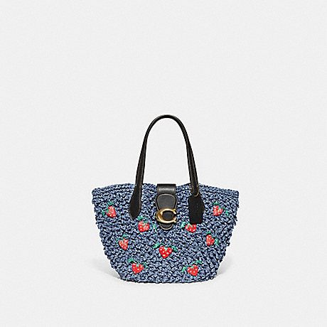 COACH CA035 Small Tote With Strawberry Embroidery B4/Washed-Chambray-Black