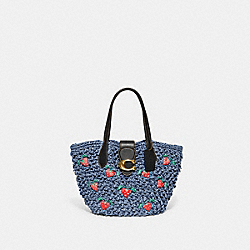 COACH CA035 Small Tote With Strawberry Embroidery B4/WASHED CHAMBRAY BLACK