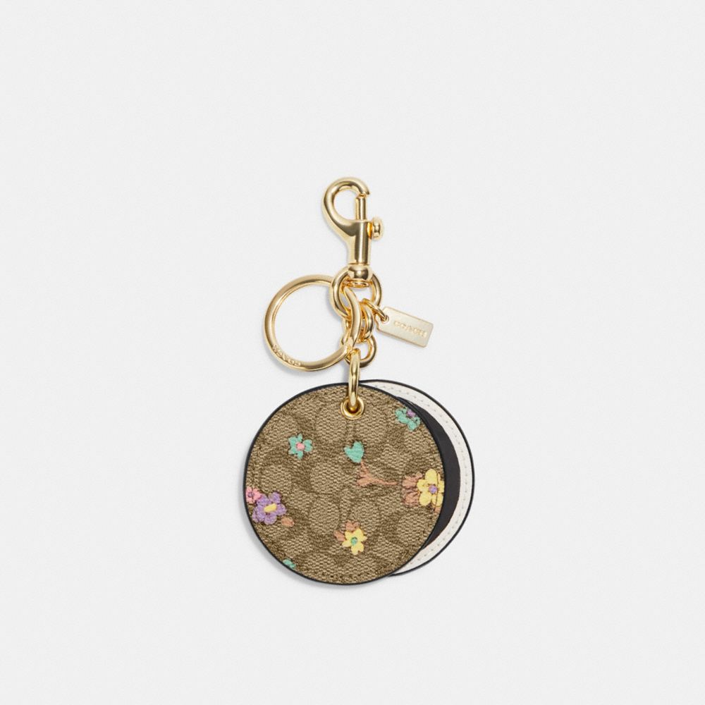 Mirror Bag Charm In Signature Canvas With Spaced Floral Print - CA046 - Gold/Khaki Purple Multi