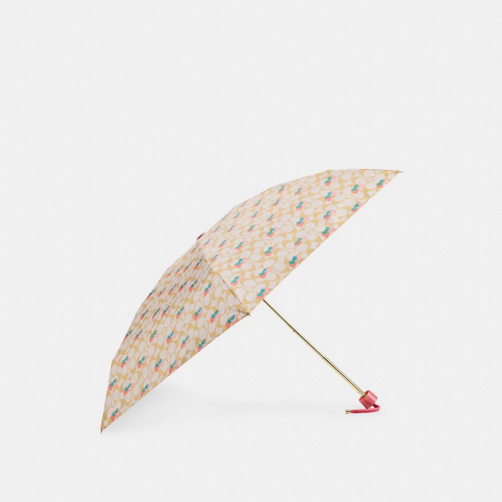 COACH CA050 Uv Protection Mini Umbrella In Signature Strawberry Print GOLD/LIGHT KHAKI/CORAL