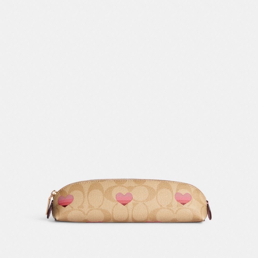 COACH CA054 Pencil Case In Signature Canvas With Stripe Heart Print GOLD/LIGHT KHAKI/PINK