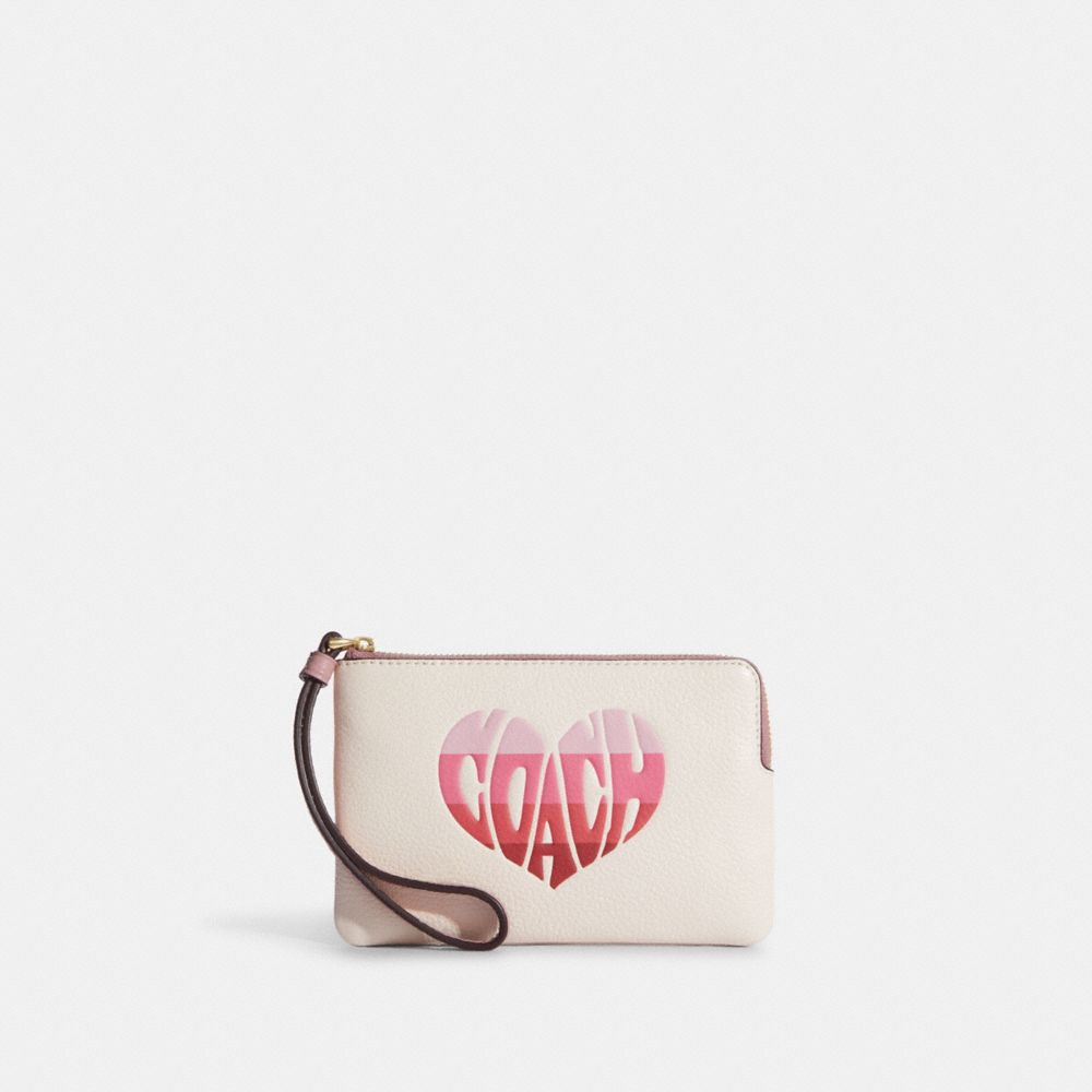 Corner Zip Wristlet With Stripe Heart Motif - CA070 - Gold/Chalk Multi