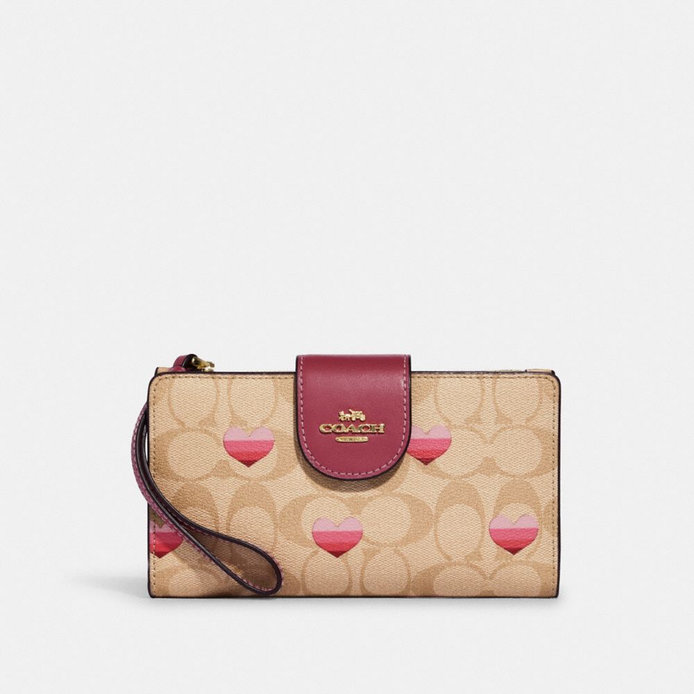 COACH CA071 Tech Wallet In Signature Canvas With Stripe Heart Print GOLD/LIGHT KHAKI MULTI