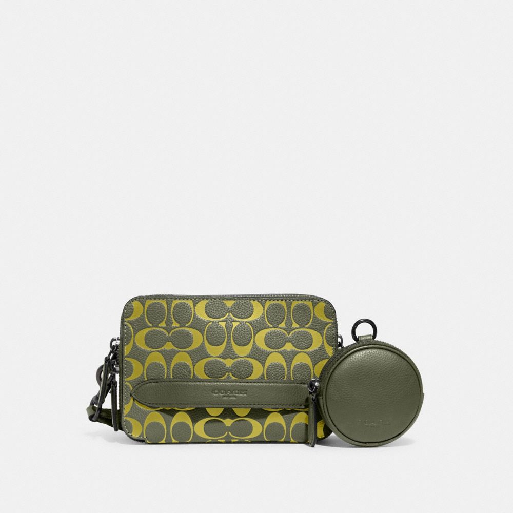 CA074 - Charter Crossbody With Hybrid Pouch In Signature Leather Army Green/Key Lime