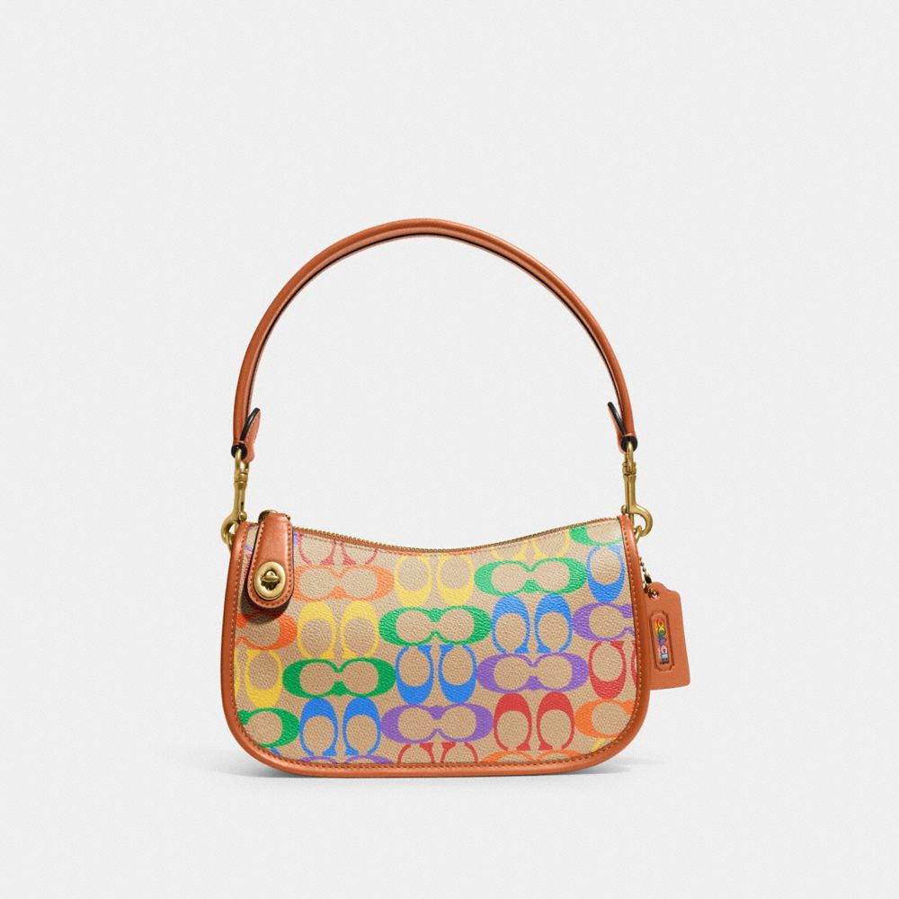 COACH CA100 Swinger In Rainbow Signature Canvas Brass/Tan Hazelnut Multi