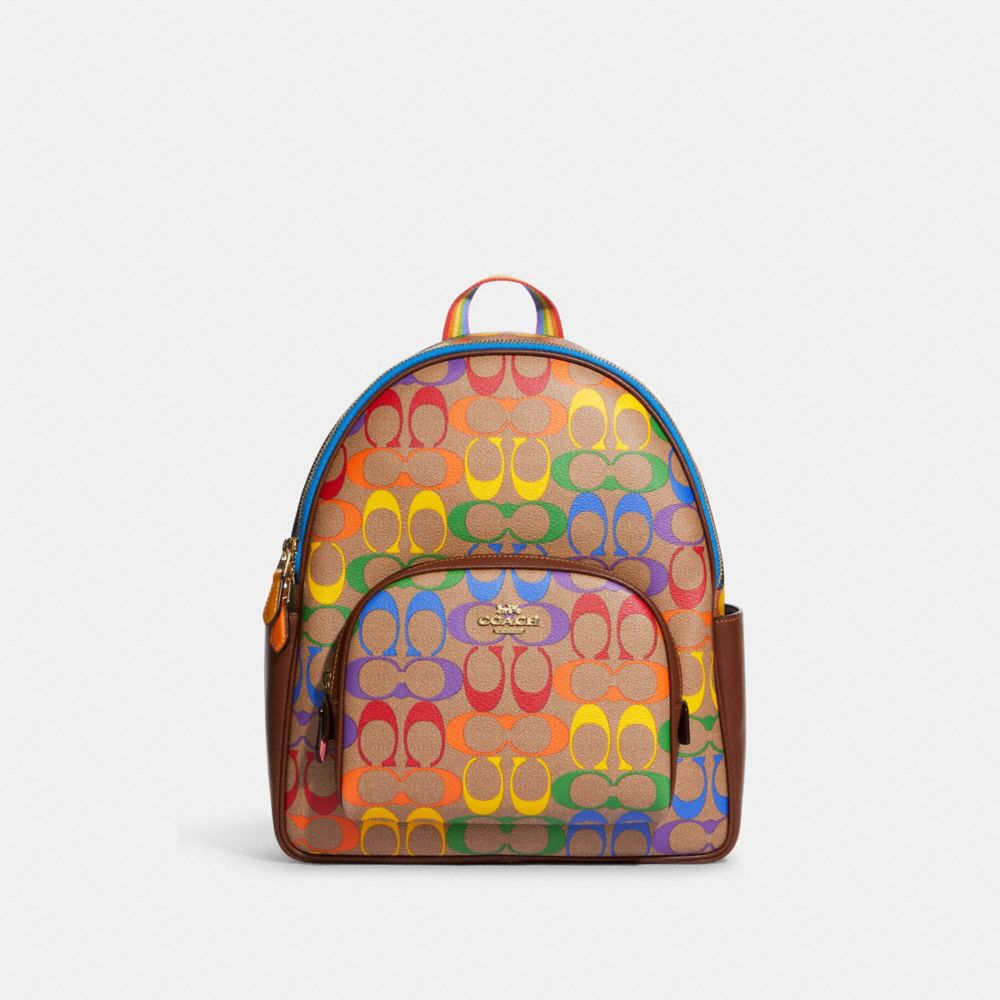 COACH CA140 - Court Backpack In Rainbow Signature Canvas GOLD/KHAKI MULTI