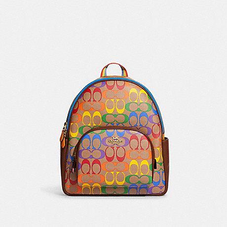 COACH Court Backpack In Rainbow Signature Canvas - GOLD/KHAKI MULTI - CA140