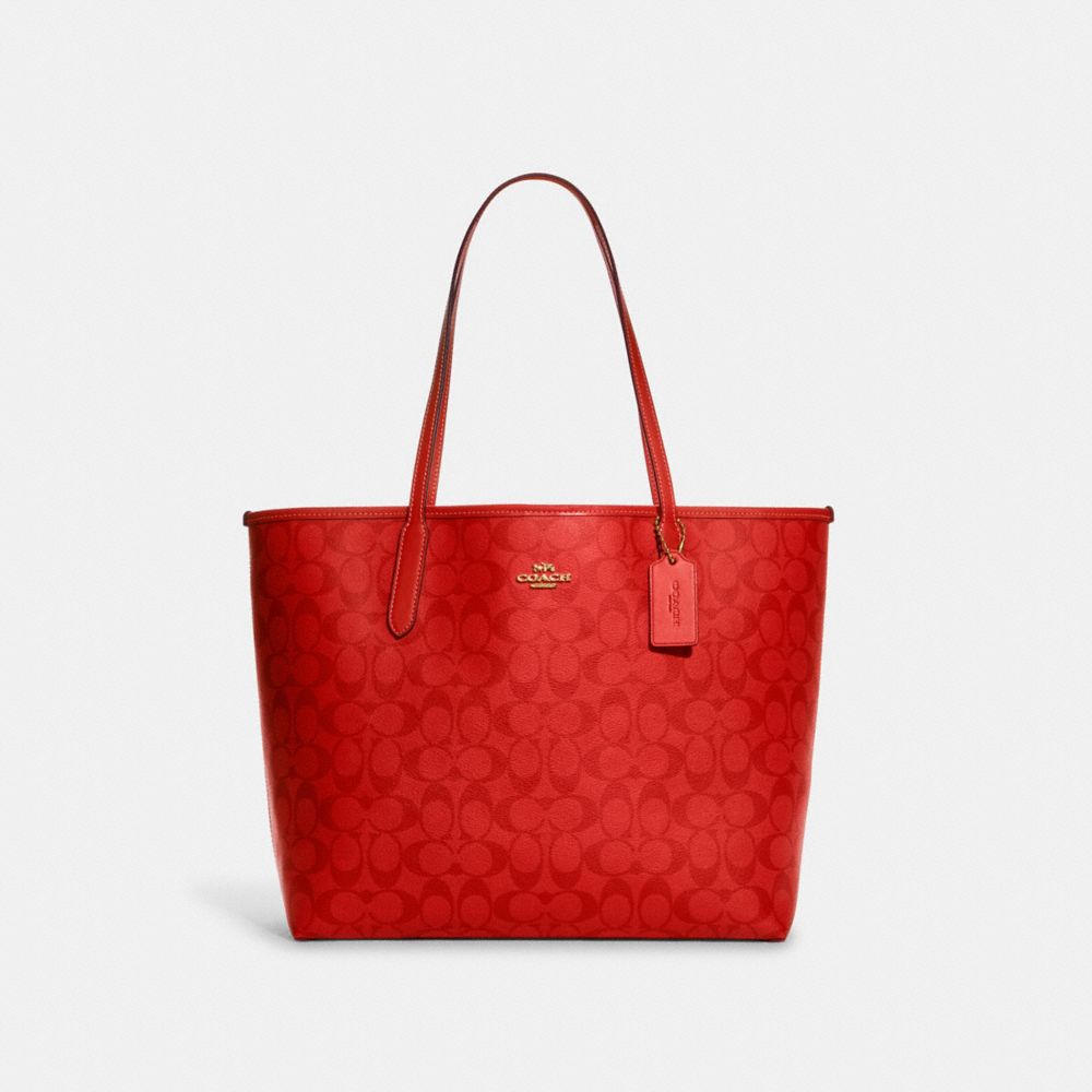 COACH City Tote In Blocked Signature Canvas - IM/MIAMI RED - CA157