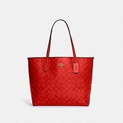 COACH CA157 City Tote In Blocked Signature Canvas IM/MIAMI RED