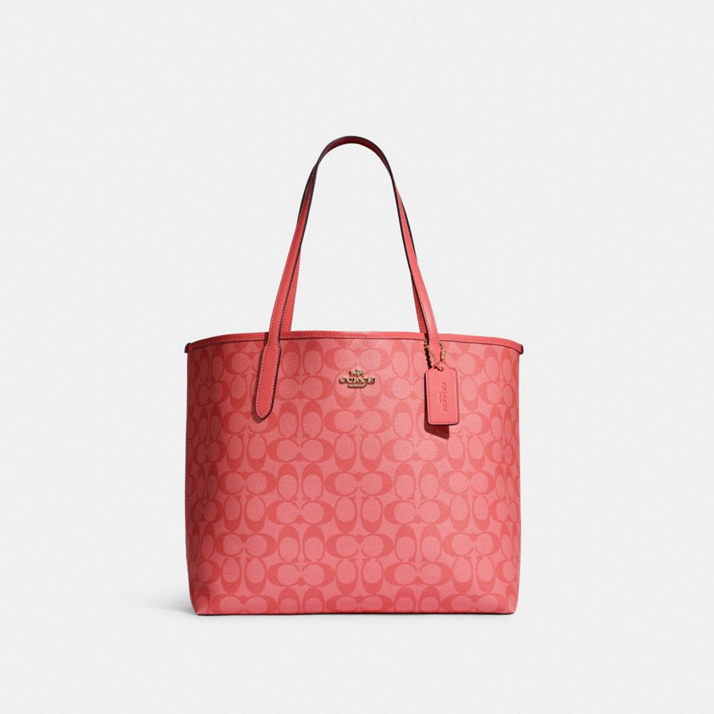 COACH CA157 - City Tote In Blocked Signature Canvas GOLD/PINK LEMONADE