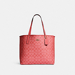 COACH CA157 City Tote In Blocked Signature Canvas GOLD/PINK LEMONADE