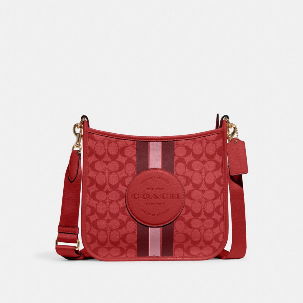 COACH CA195 Dempsey File Bag In Signature Jacquard With Stripe And Coach Patch GOLD/RED APPLE MULTI