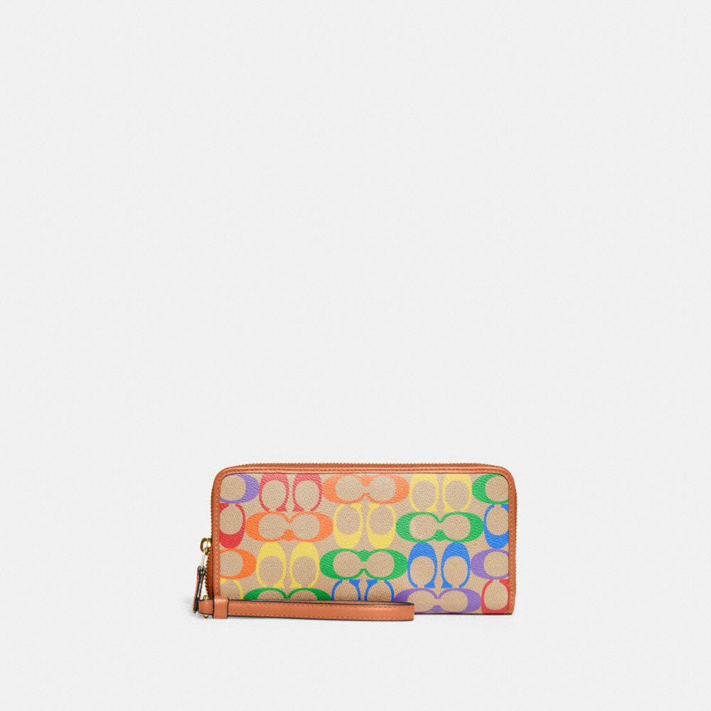 COACH CA218 Continental Wallet In Rainbow Signature Canvas BRASS/TAN NATURAL MULTI