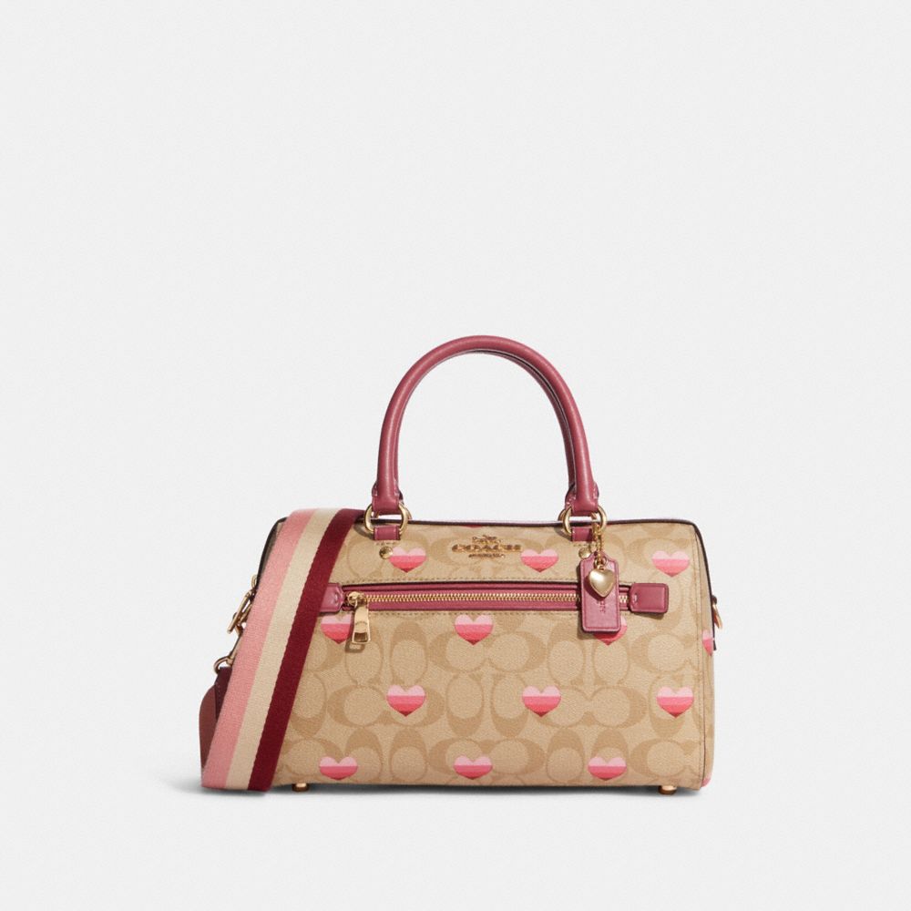 Rowan Satchel In Signature Canvas With Stripe Heart Print - CA248 - Gold/Light Khaki Multi