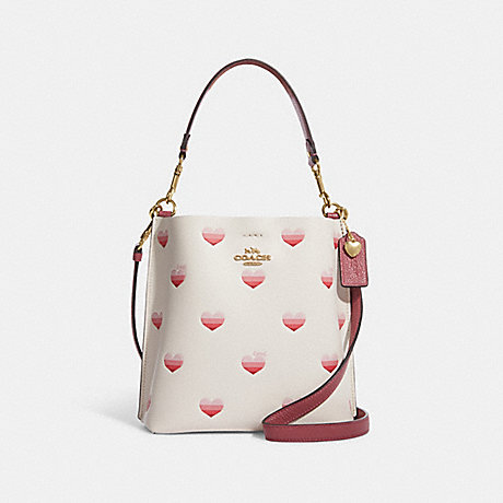 COACH CA249 Mollie Bucket Bag 22 With Stripe Heart Print Gold/Chalk-Multi