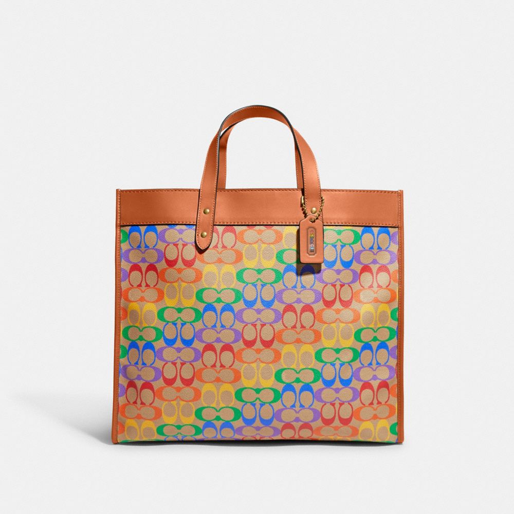 Field Tote 40 In Rainbow Signature Canvas - CA278 - Saddle Multi