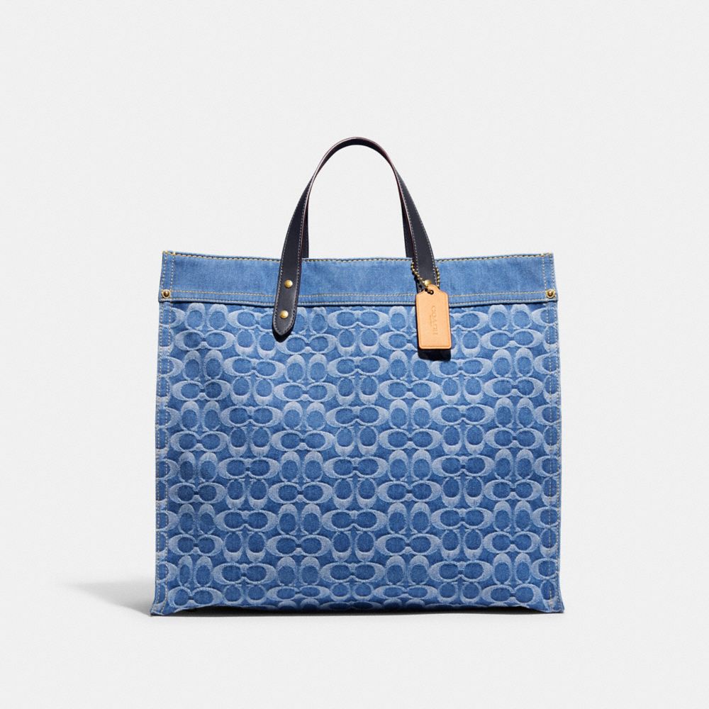 COACH CA279 Field Tote 40 In Signature Denim WASHED DENIM