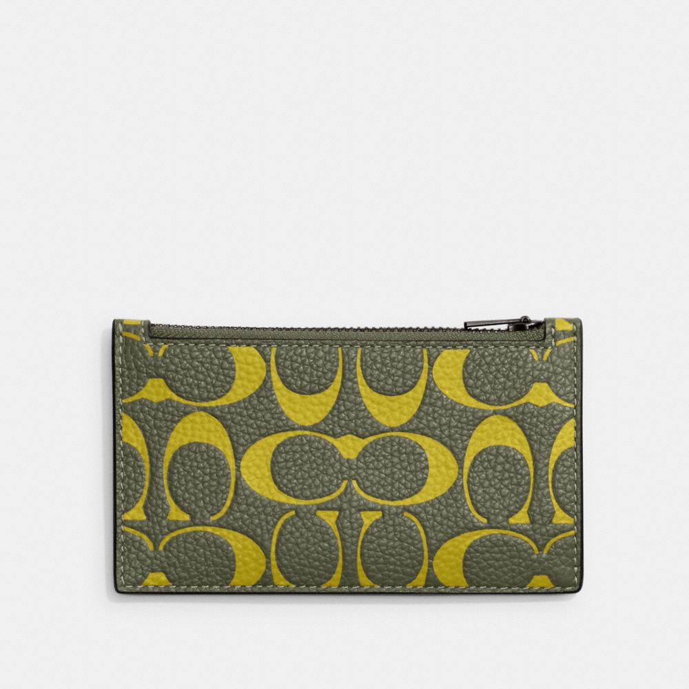 Zip Card Case In Signature Leather - CA293 - Army Green/Key Lime