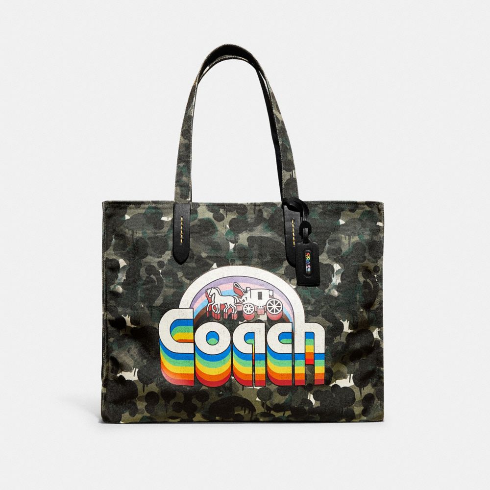 COACH CA303 100 Percent Recycled Canvas Tote 42 With Camo Print And Rainbow Horse And Carriage Green/Blue Multi