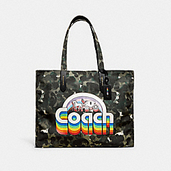 COACH CA303 100 Percent Recycled Canvas Tote 42 With Camo Print And Rainbow Horse And Carriage GREEN/BLUE MULTI