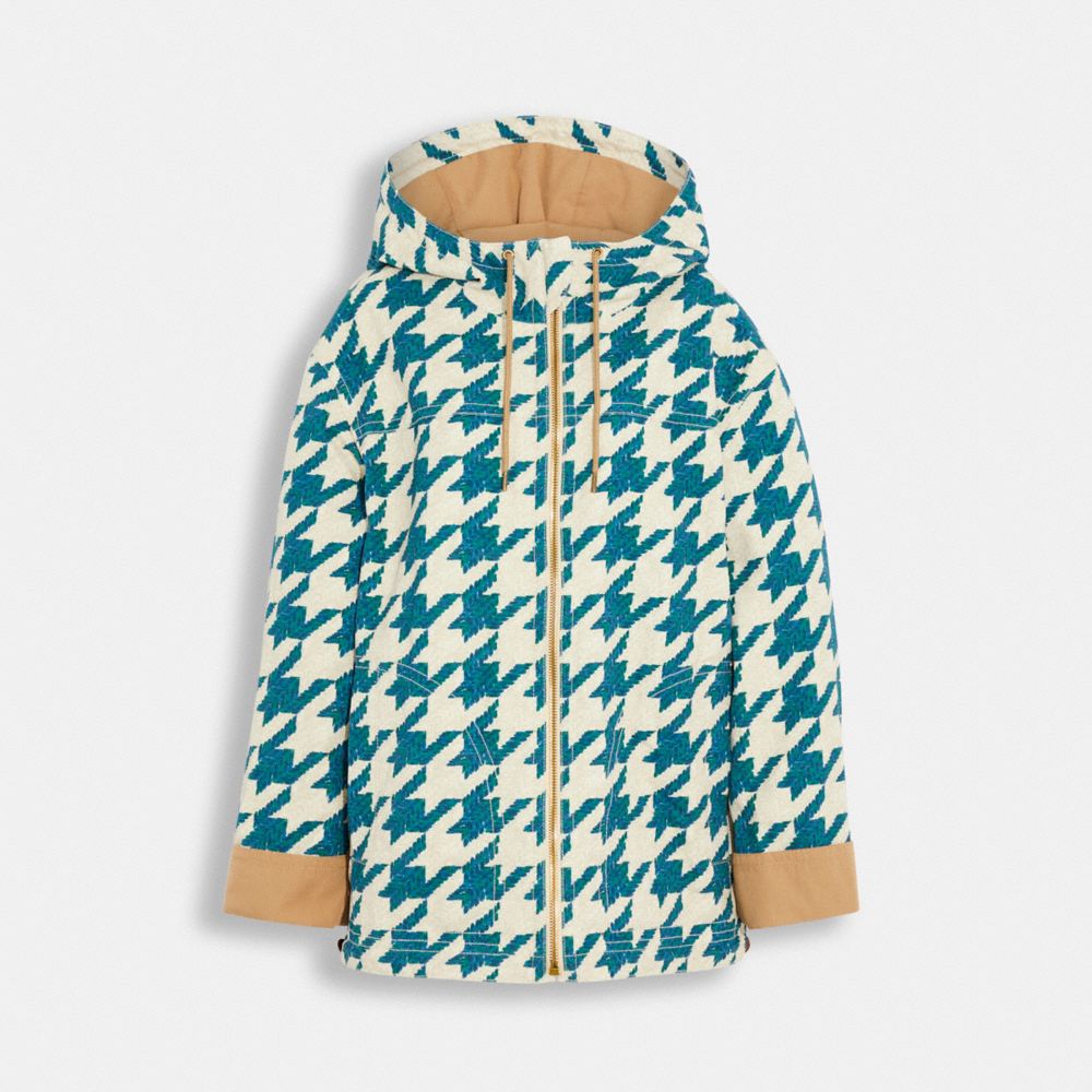 COACH CA420 Houndstooth Hooded Jacket In Organic Cotton Teal/Cream