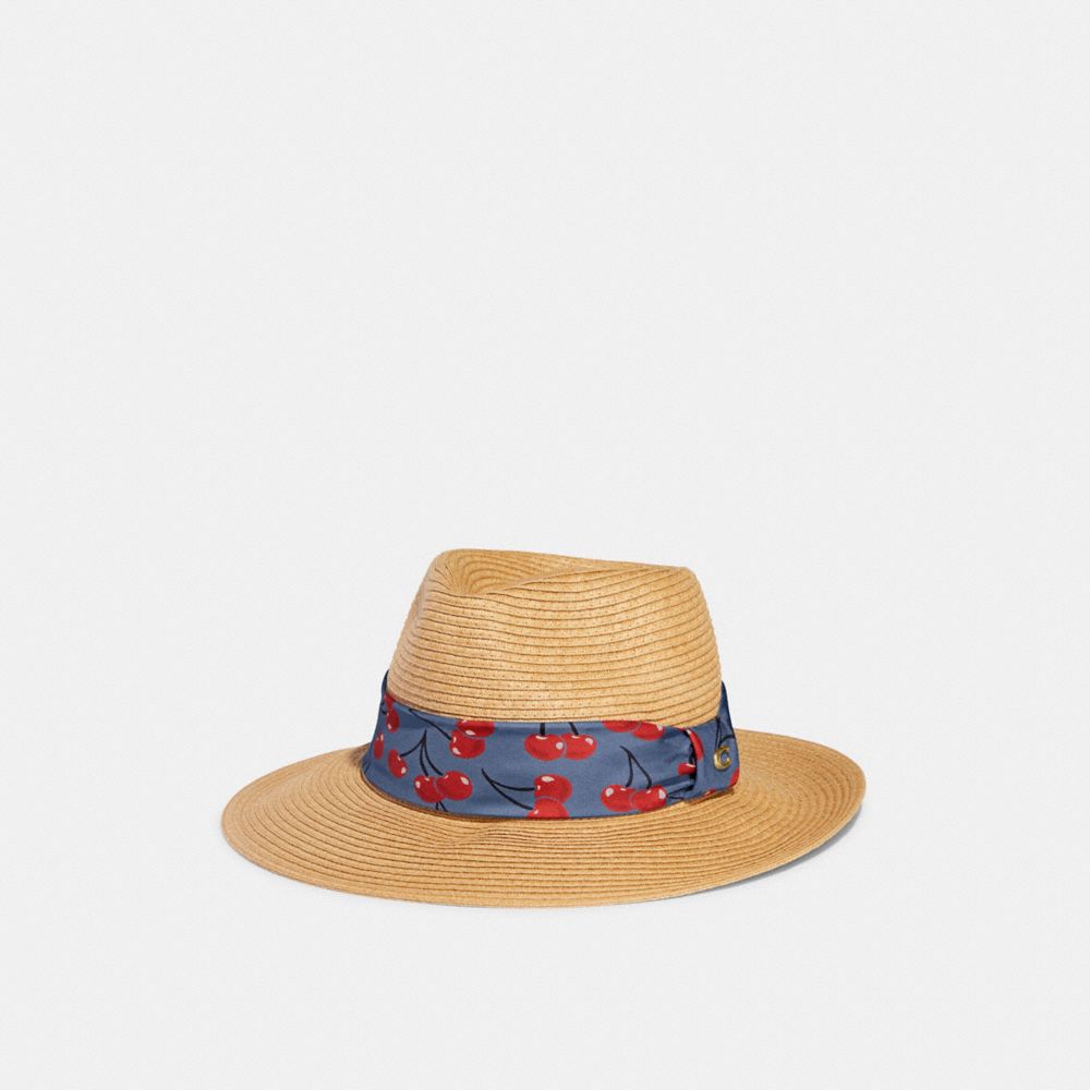 COACH CA425 Straw Brimmed Hat With Cherry Print Scarf Natural