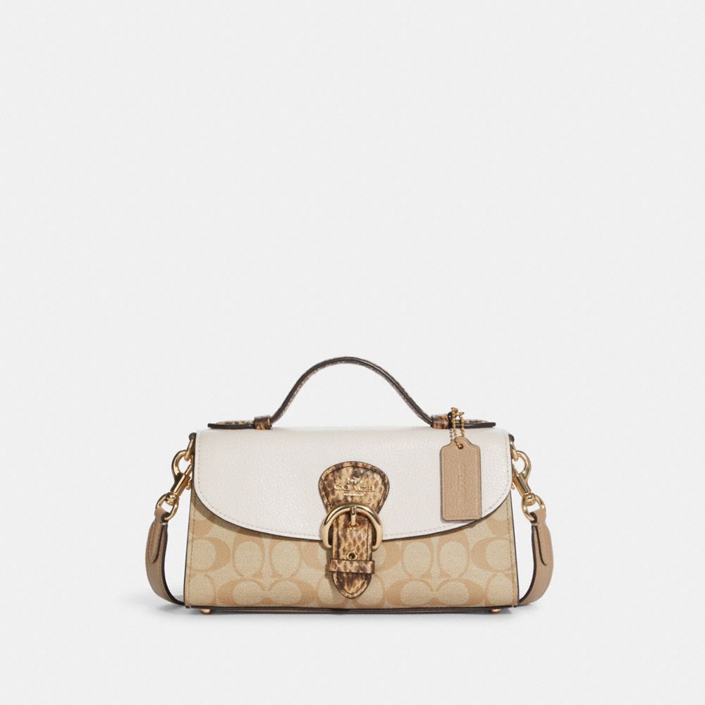 COACH Kleo Top Handle In Blocked Signature Canvas - GOLD/LIGHT KHAKI CHALK MULTI - CA427