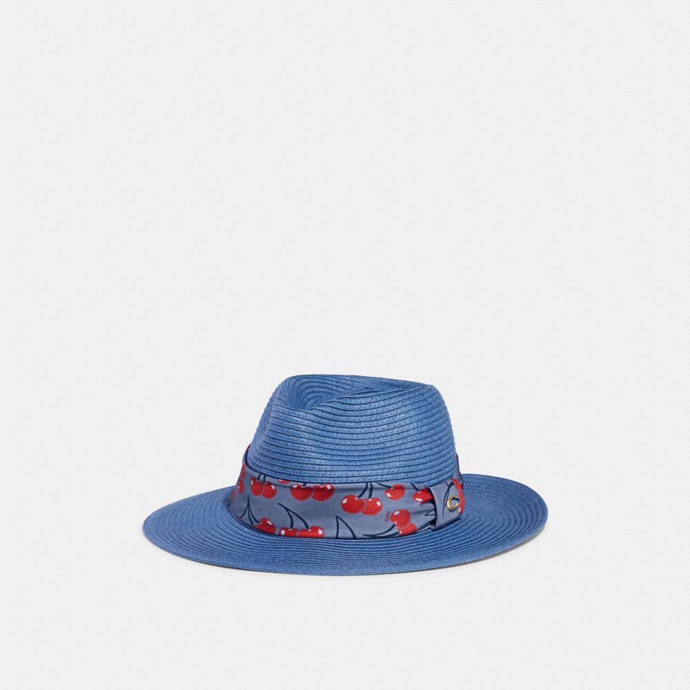 COACH CA524 Straw Brimmed Hat With Cherry Print Scarf Washed Chambray