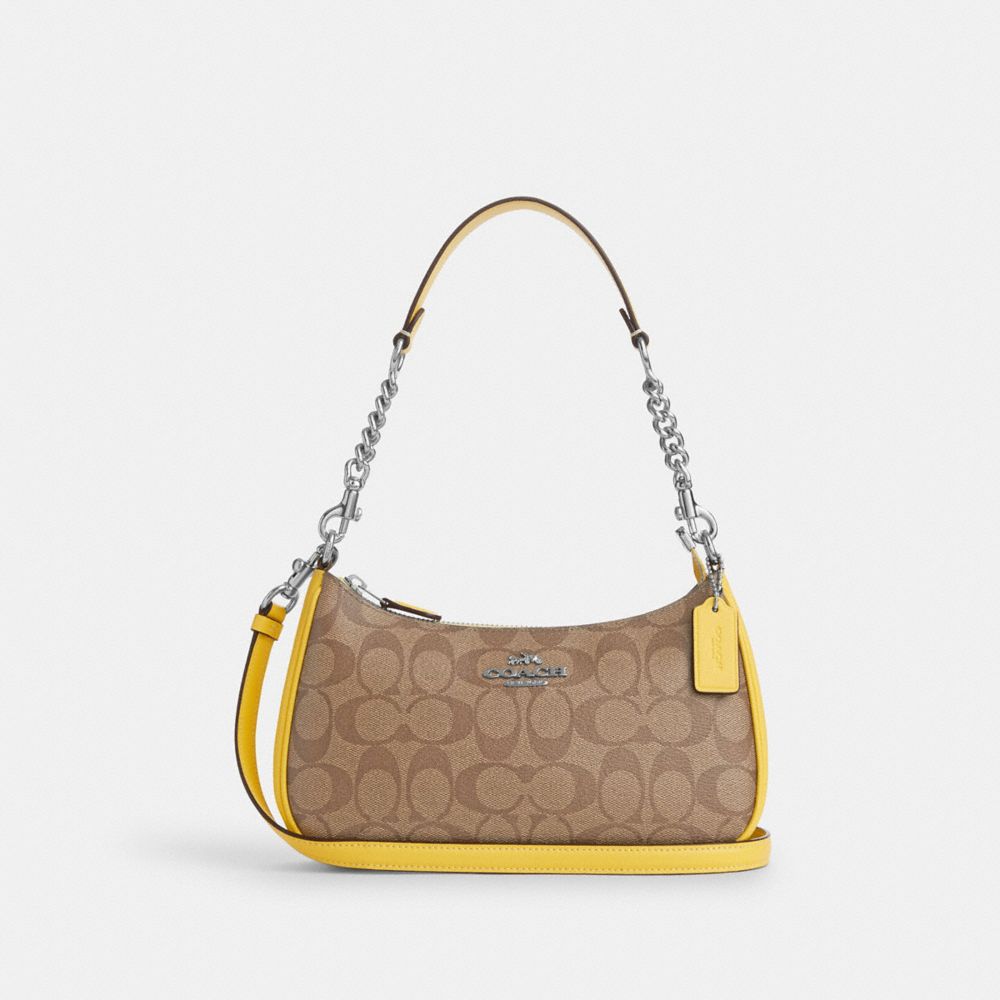 COACH CA548 Teri Shoulder Bag In Signature Canvas SILVER/KHAKI/RETRO YELLOW